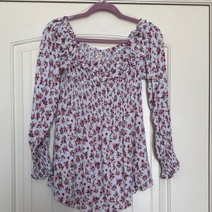 Kori White Floral Smocked Off-Shoulder Empire Blouse with Pink Flowers - Size L